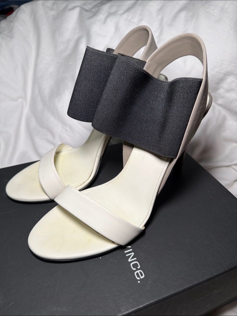 Vince Two-Tone Elastic Strap Heels - White and Black